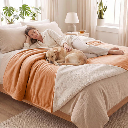 Waterproof Blanket for Bed - Dog Throw as Furniture Protector | Cozy Sherpa & Smooth Velvet, Reversible and Machine Washable, for Couch and bed, 60"x80", Orange