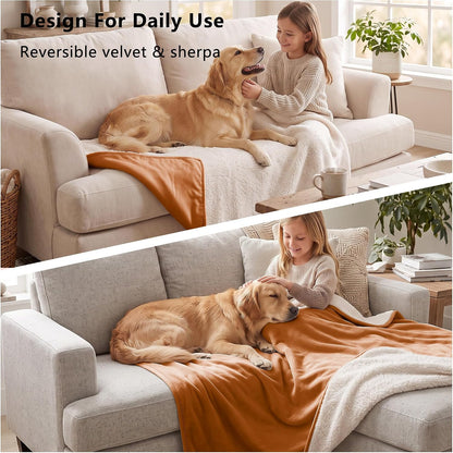Waterproof Blanket for Bed - Dog Throw as Furniture Protector | Cozy Sherpa & Smooth Velvet, Reversible and Machine Washable, for Couch and bed, 60"x80", Orange