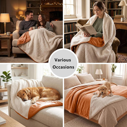 Waterproof Blanket for Bed - Dog Throw as Furniture Protector | Cozy Sherpa & Smooth Velvet, Reversible and Machine Washable, for Couch and bed, 60"x80", Orange