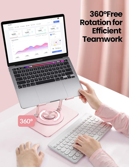Adjustable Laptop Stand for Desk,Computer Stand Riser with 360° Free Rotation Base and Foldable Design Ergonomic Laptop Riser Fits for MacBook,Dell, HP and More 10-15.6” Laptops (Pink)