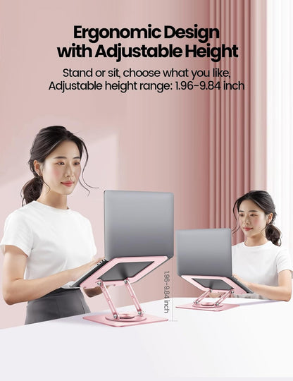 Adjustable Laptop Stand for Desk,Computer Stand Riser with 360° Free Rotation Base and Foldable Design Ergonomic Laptop Riser Fits for MacBook,Dell, HP and More 10-15.6” Laptops (Pink)