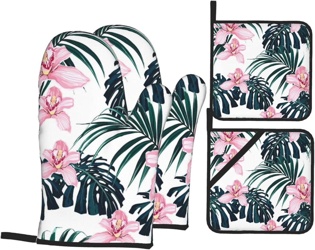 Tropical Vivid Foliage Monstera Leaf Palm Leaves Pink Orchid Flowers 4 Pack Custom Design Oven Mitts Pot Holders Set, Thick Polyester Kitchen Gloves for Home Baking Backyard Grilling