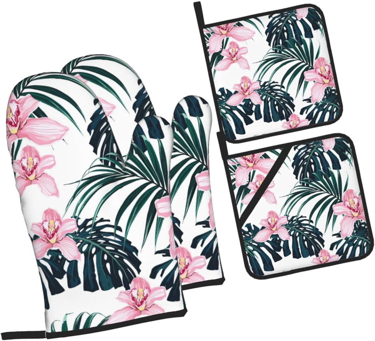 Tropical Vivid Foliage Monstera Leaf Palm Leaves Pink Orchid Flowers 4 Pack Custom Design Oven Mitts Pot Holders Set, Thick Polyester Kitchen Gloves for Home Baking Backyard Grilling