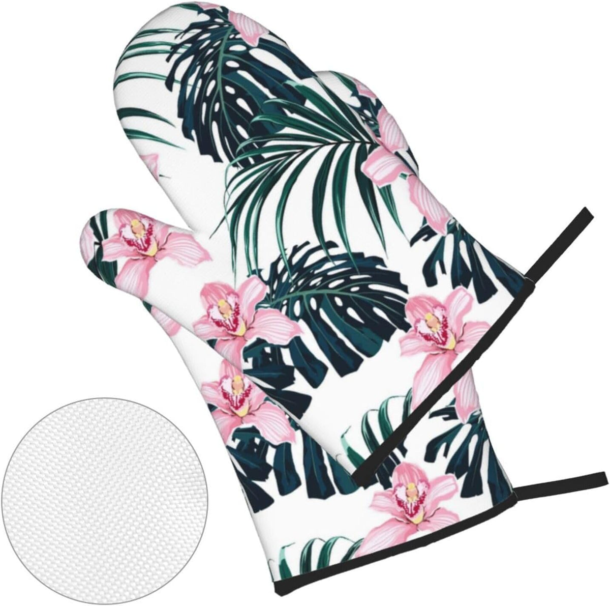 Tropical Vivid Foliage Monstera Leaf Palm Leaves Pink Orchid Flowers 4 Pack Custom Design Oven Mitts Pot Holders Set, Thick Polyester Kitchen Gloves for Home Baking Backyard Grilling