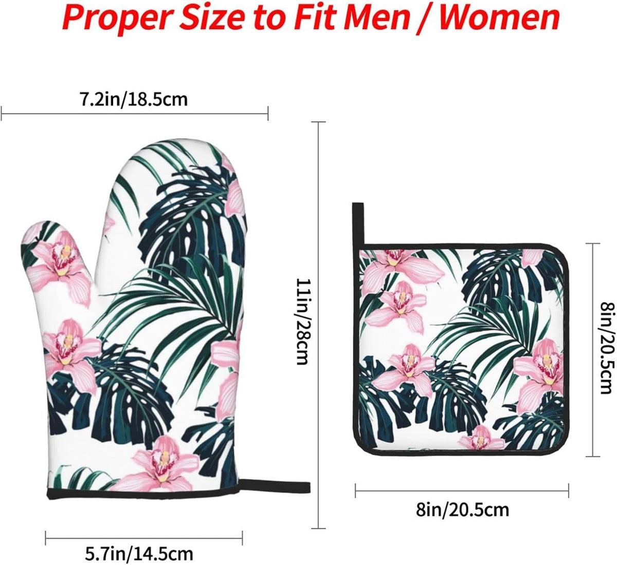 Tropical Vivid Foliage Monstera Leaf Palm Leaves Pink Orchid Flowers 4 Pack Custom Design Oven Mitts Pot Holders Set, Thick Polyester Kitchen Gloves for Home Baking Backyard Grilling