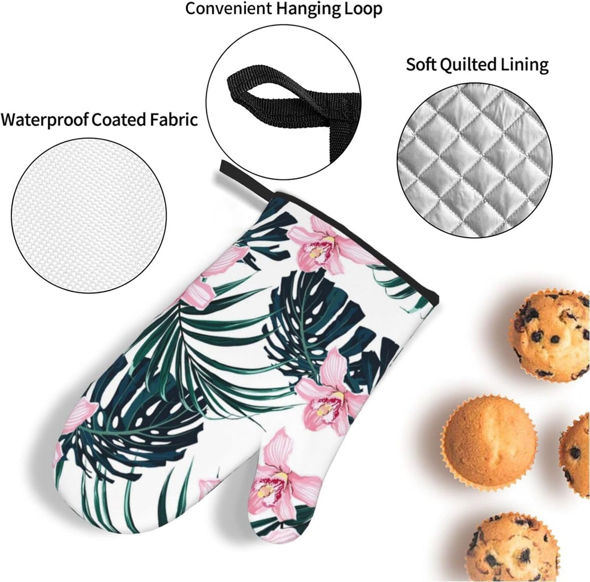 Tropical Vivid Foliage Monstera Leaf Palm Leaves Pink Orchid Flowers 4 Pack Custom Design Oven Mitts Pot Holders Set, Thick Polyester Kitchen Gloves for Home Baking Backyard Grilling