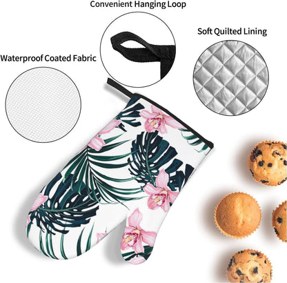 Tropical Vivid Foliage Monstera Leaf Palm Leaves Pink Orchid Flowers 4 Pack Custom Design Oven Mitts Pot Holders Set, Thick Polyester Kitchen Gloves for Home Baking Backyard Grilling