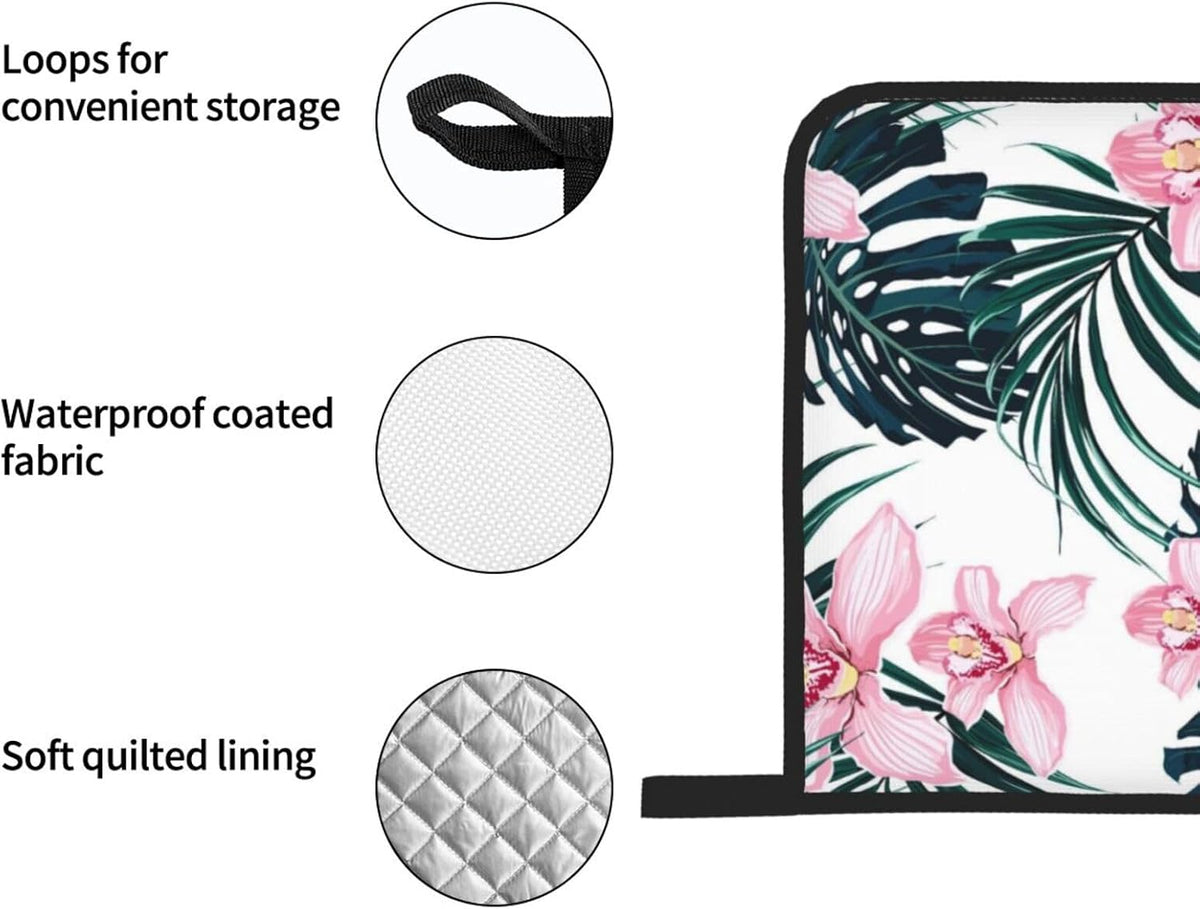 Tropical Vivid Foliage Monstera Leaf Palm Leaves Pink Orchid Flowers 4 Pack Custom Design Oven Mitts Pot Holders Set, Thick Polyester Kitchen Gloves for Home Baking Backyard Grilling