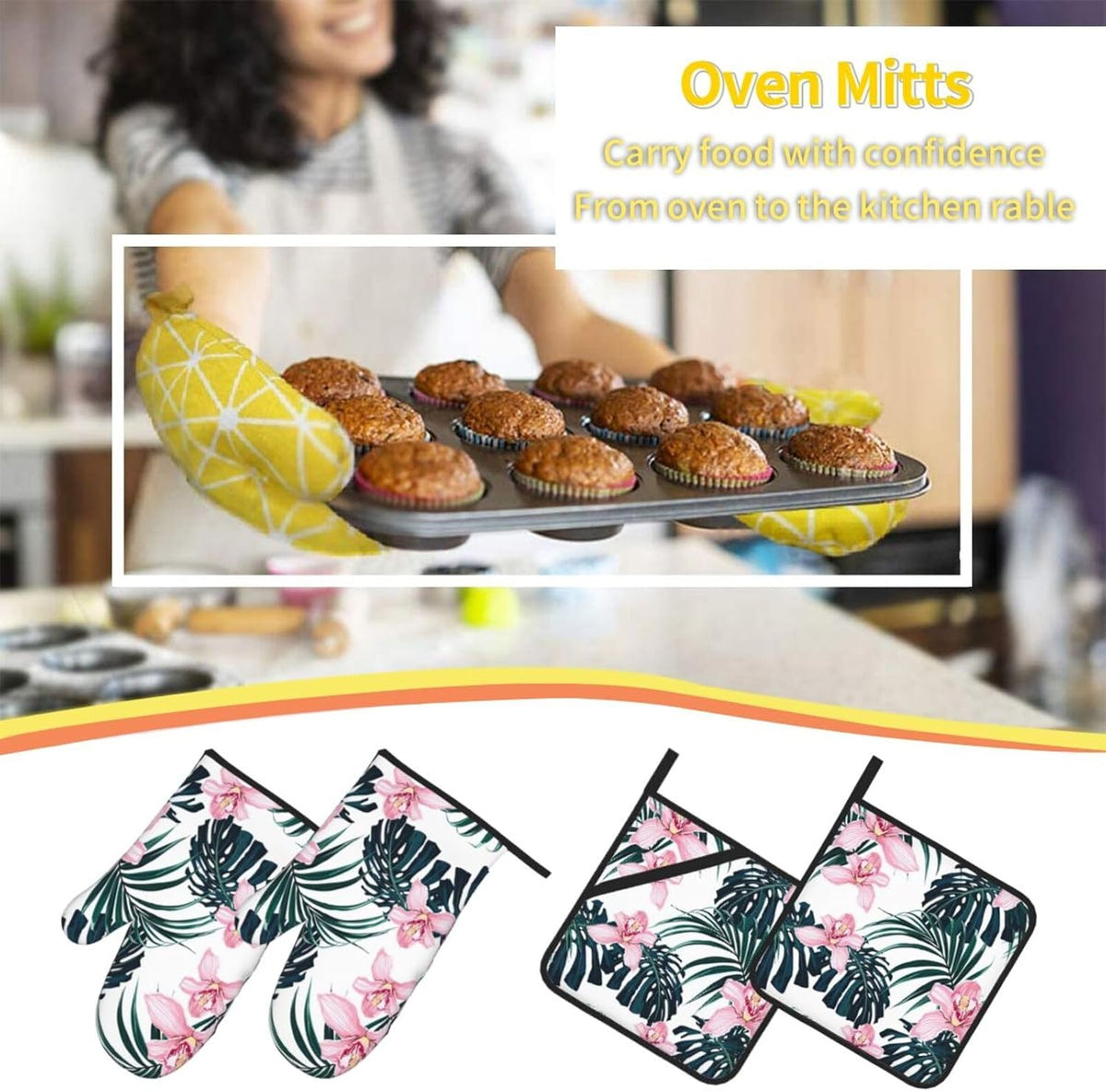 Tropical Vivid Foliage Monstera Leaf Palm Leaves Pink Orchid Flowers 4 Pack Custom Design Oven Mitts Pot Holders Set, Thick Polyester Kitchen Gloves for Home Baking Backyard Grilling