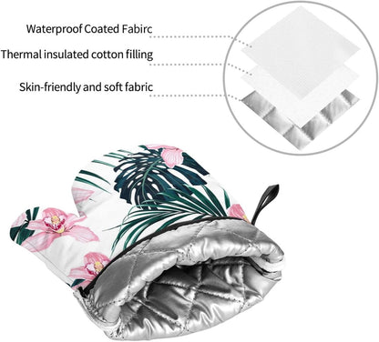 Tropical Vivid Foliage Monstera Leaf Palm Leaves Pink Orchid Flowers 4 Pack Custom Design Oven Mitts Pot Holders Set, Thick Polyester Kitchen Gloves for Home Baking Backyard Grilling