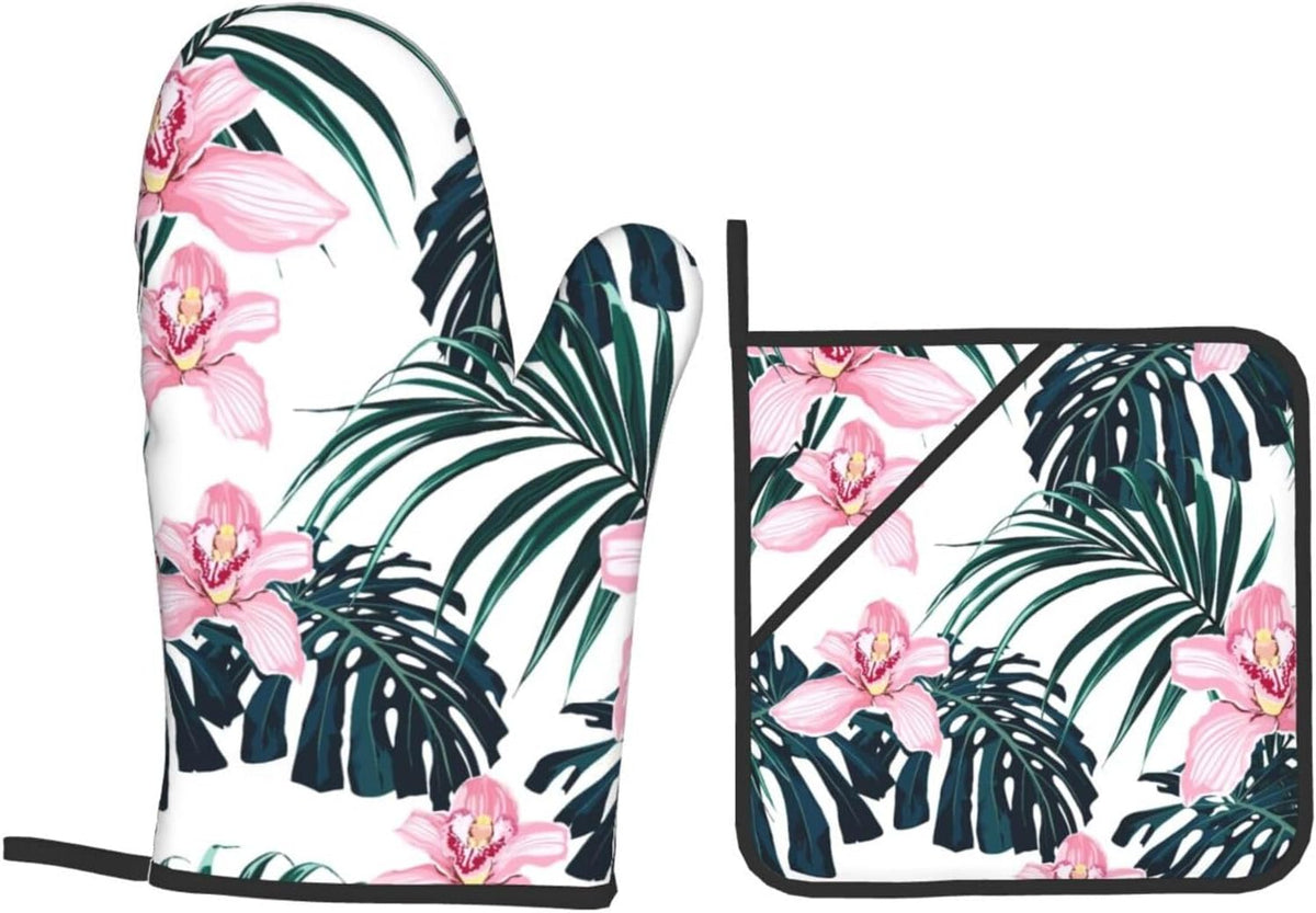 Tropical Vivid Foliage Monstera Leaf Palm Leaves Pink Orchid Flowers 4 Pack Custom Design Oven Mitts Pot Holders Set, Thick Polyester Kitchen Gloves for Home Baking Backyard Grilling