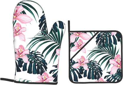 Tropical Vivid Foliage Monstera Leaf Palm Leaves Pink Orchid Flowers 4 Pack Custom Design Oven Mitts Pot Holders Set, Thick Polyester Kitchen Gloves for Home Baking Backyard Grilling