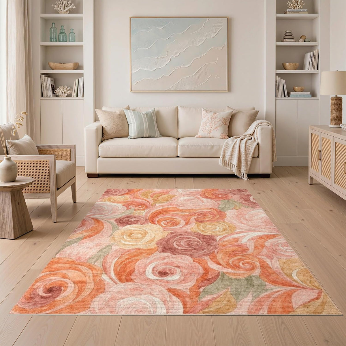 5'x7' Washable Flatwoven Rug, Peach Watercolor Floral Stain Resistant Area Rug for Guest Room, Lounge, Apartment, Non-Slip Low Profile Floor Covering | Ref:2166759