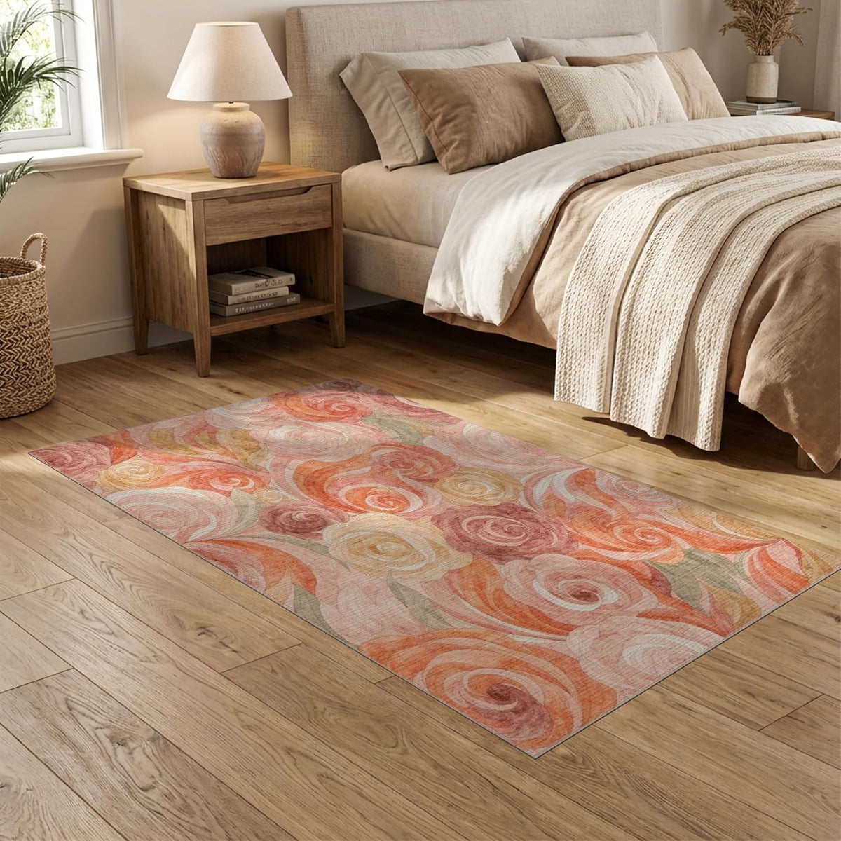 5'x7' Washable Flatwoven Rug, Peach Watercolor Floral Stain Resistant Area Rug for Guest Room, Lounge, Apartment, Non-Slip Low Profile Floor Covering | Ref:2166759