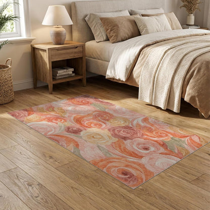 5'x7' Washable Flatwoven Rug, Peach Watercolor Floral Stain Resistant Area Rug for Guest Room, Lounge, Apartment, Non-Slip Low Profile Floor Covering | Ref:2166759