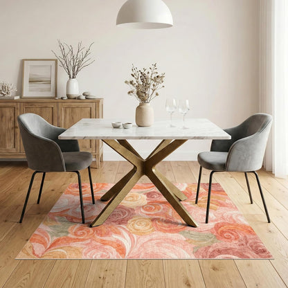 5'x7' Washable Flatwoven Rug, Peach Watercolor Floral Stain Resistant Area Rug for Guest Room, Lounge, Apartment, Non-Slip Low Profile Floor Covering | Ref:2166759