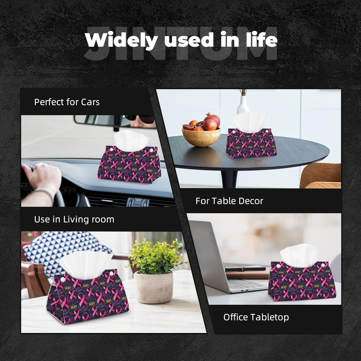 Pink Ribbon Graffiti Print Long Leather Tissue Box Cover Holder, Foldable Modern Tissue Box Cover, Aesthetic Desk Accessories for Bathroom Tabletop Office Car Home Decor