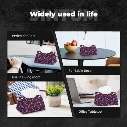 Pink Ribbon Graffiti Print Long Leather Tissue Box Cover Holder, Foldable Modern Tissue Box Cover, Aesthetic Desk Accessories for Bathroom Tabletop Office Car Home Decor