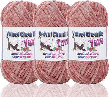 3 * 100g Fluffy Velvet Chenille Yarn for Crocheting and Knitting, Handcrafts Weaving Soft Chenille Yarn for Crocheting Clearance, Used for Making Baby Yarn Blanket, Clothes (3 - Peach)