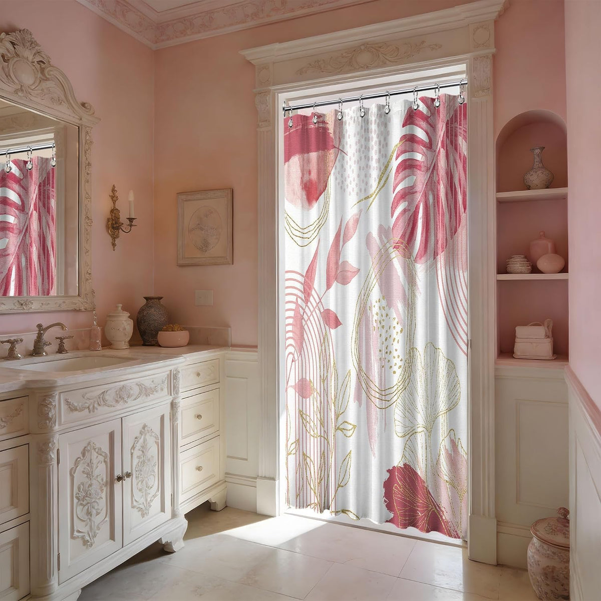Light Pink and White Stall Shower Curtain, 48x72 in Narrow Small