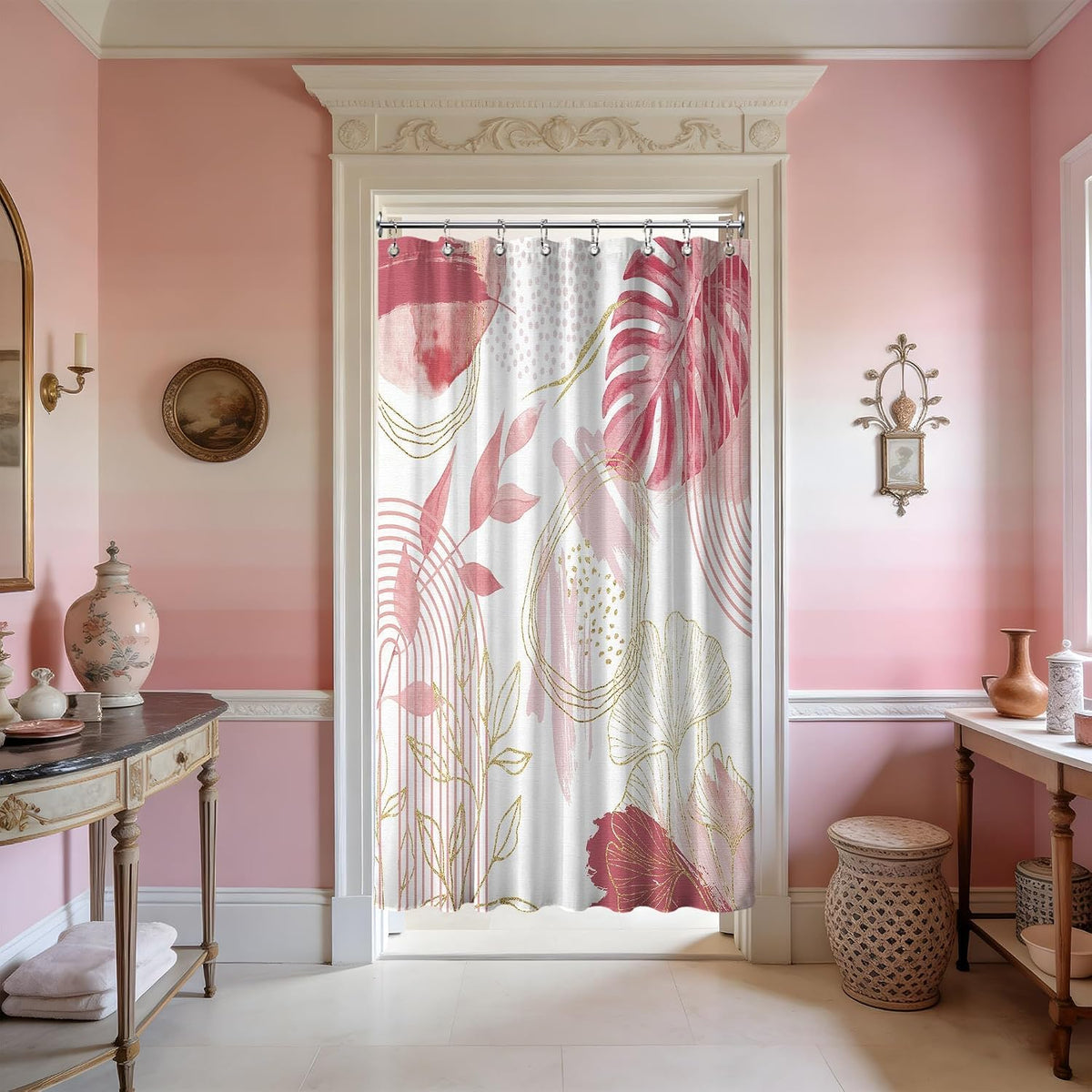 Light Pink and White Stall Shower Curtain, 48x72 in Narrow Small