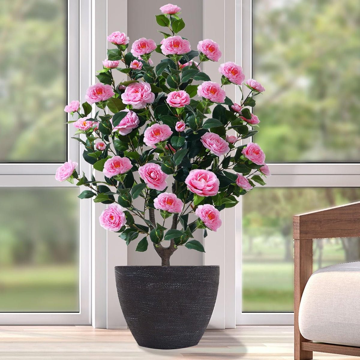 38" Faux Camellia Tree Artificial Plant with 32 Pink Flowers for Home