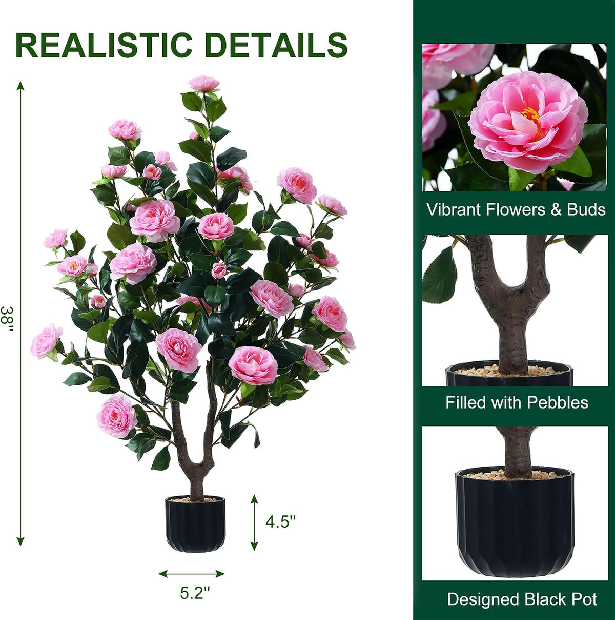 38" Faux Camellia Tree Artificial Plant with 32 Pink Flowers for Home