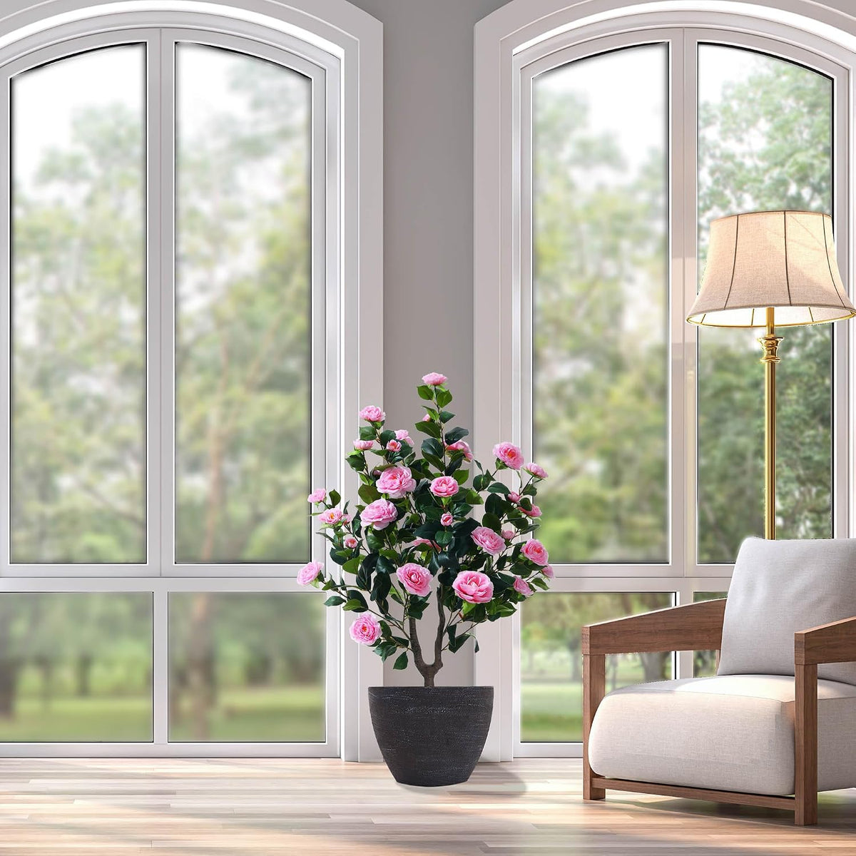 38" Faux Camellia Tree Artificial Plant with 32 Pink Flowers for Home