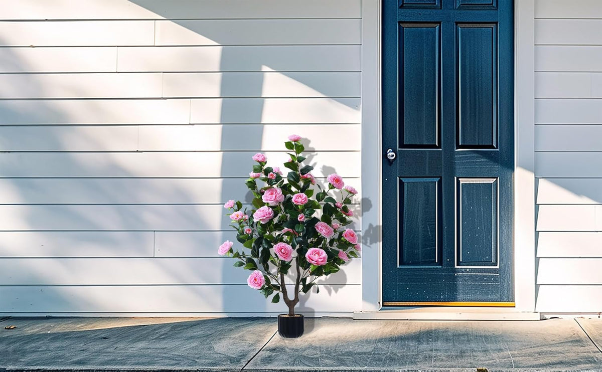 38" Faux Camellia Tree Artificial Plant with 32 Pink Flowers for Home