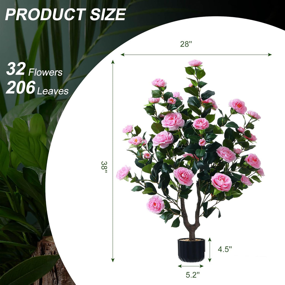 38" Faux Camellia Tree Artificial Plant with 32 Pink Flowers for Home