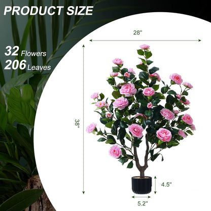 38" Faux Camellia Tree Artificial Plant with 32 Pink Flowers for Home
