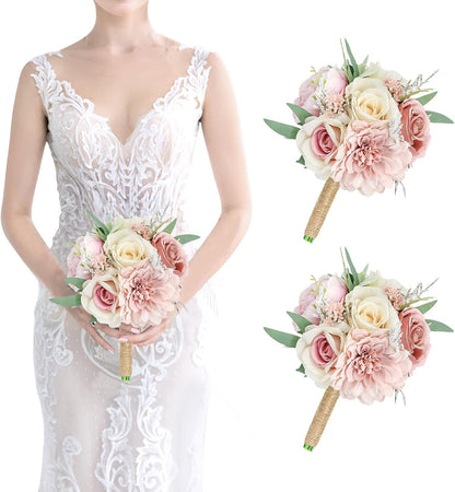 Artificial Bridesmaid Bouquets Set of 2 for Wedding - 7 inch Dusty Pink Wedding Bouquet for Bridesmaids Small Floral Bouquet Fake Boho Wedding Party Ceremony Anniversary Decor