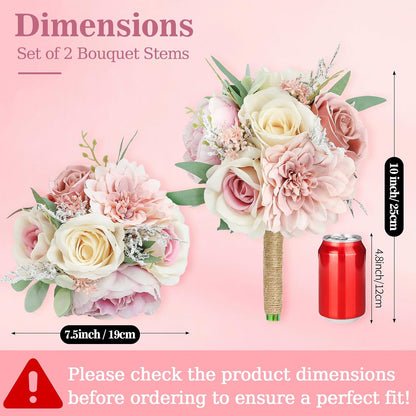 Artificial Bridesmaid Bouquets Set of 2 for Wedding - 7 inch Dusty Pink Wedding Bouquet for Bridesmaids Small Floral Bouquet Fake Boho Wedding Party Ceremony Anniversary Decor