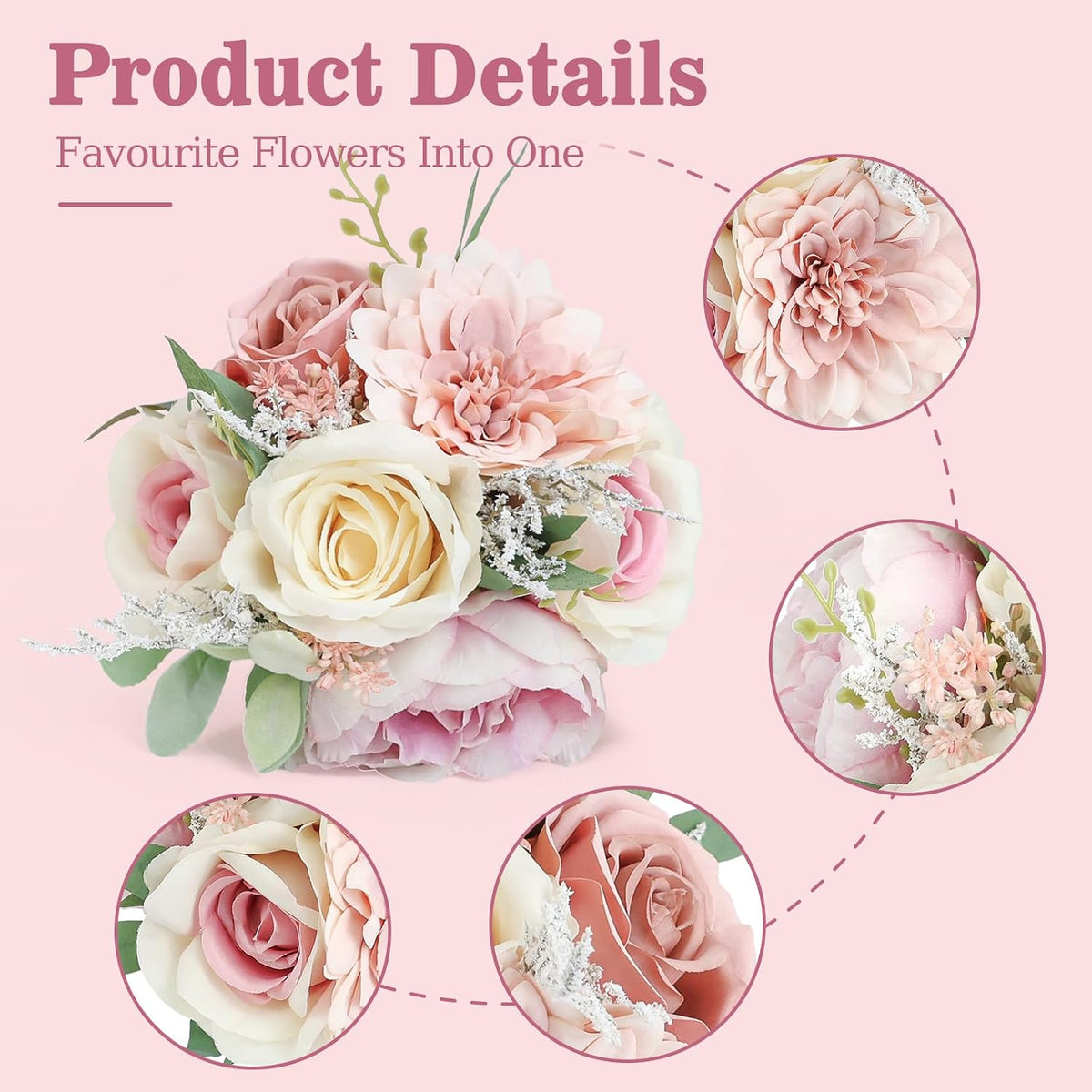 Artificial Bridesmaid Bouquets Set of 2 for Wedding - 7 inch Dusty Pink Wedding Bouquet for Bridesmaids Small Floral Bouquet Fake Boho Wedding Party Ceremony Anniversary Decor