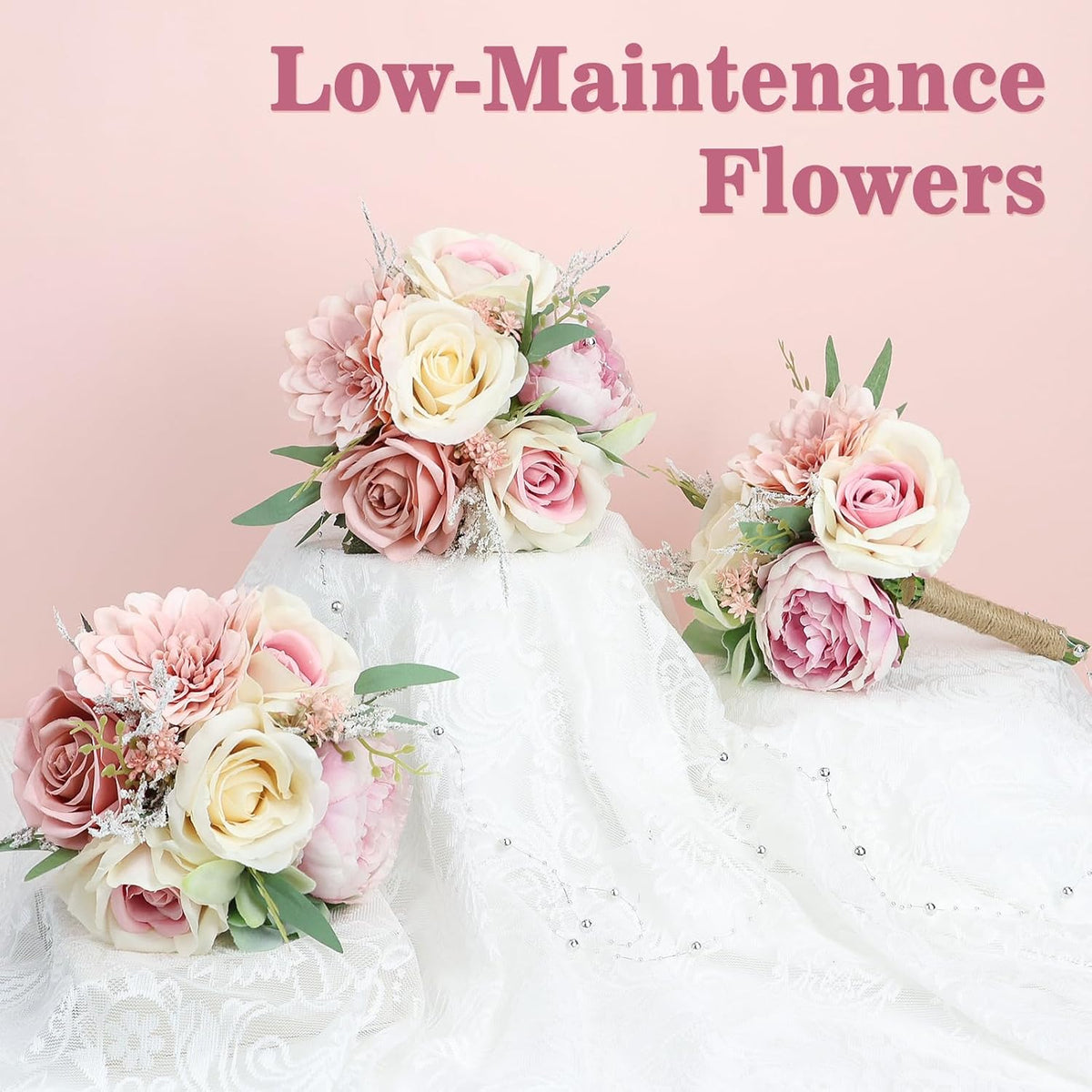 Artificial Bridesmaid Bouquets Set of 2 for Wedding - 7 inch Dusty Pink Wedding Bouquet for Bridesmaids Small Floral Bouquet Fake Boho Wedding Party Ceremony Anniversary Decor