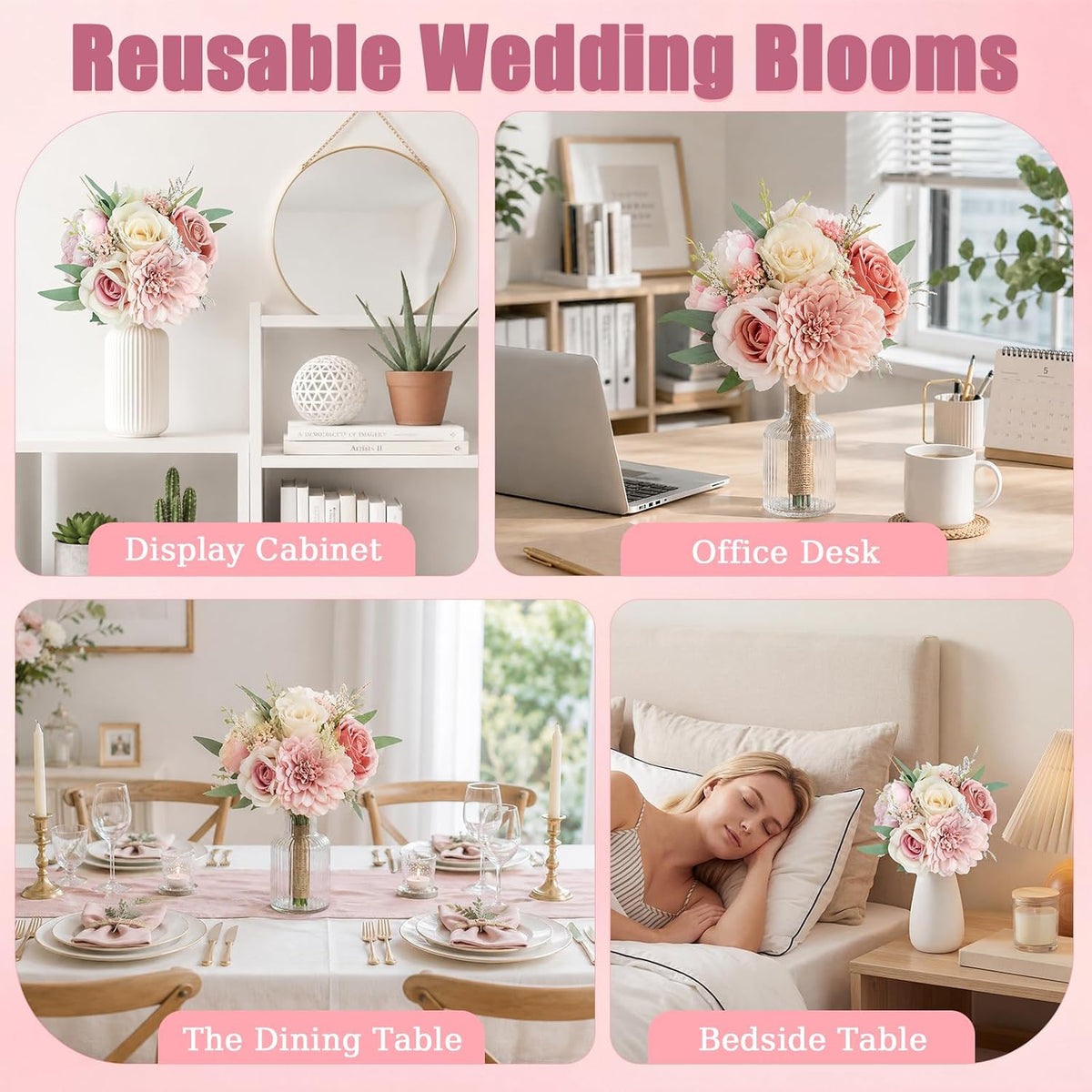 Artificial Bridesmaid Bouquets Set of 2 for Wedding - 7 inch Dusty Pink Wedding Bouquet for Bridesmaids Small Floral Bouquet Fake Boho Wedding Party Ceremony Anniversary Decor