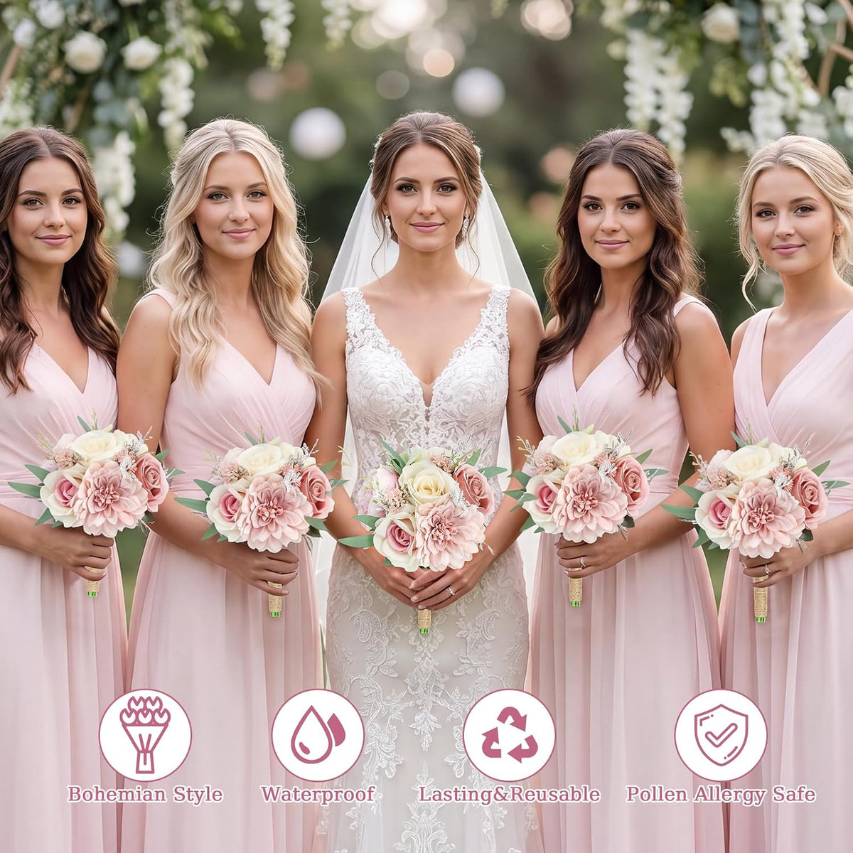 Artificial Bridesmaid Bouquets Set of 2 for Wedding - 7 inch Dusty Pink Wedding Bouquet for Bridesmaids Small Floral Bouquet Fake Boho Wedding Party Ceremony Anniversary Decor