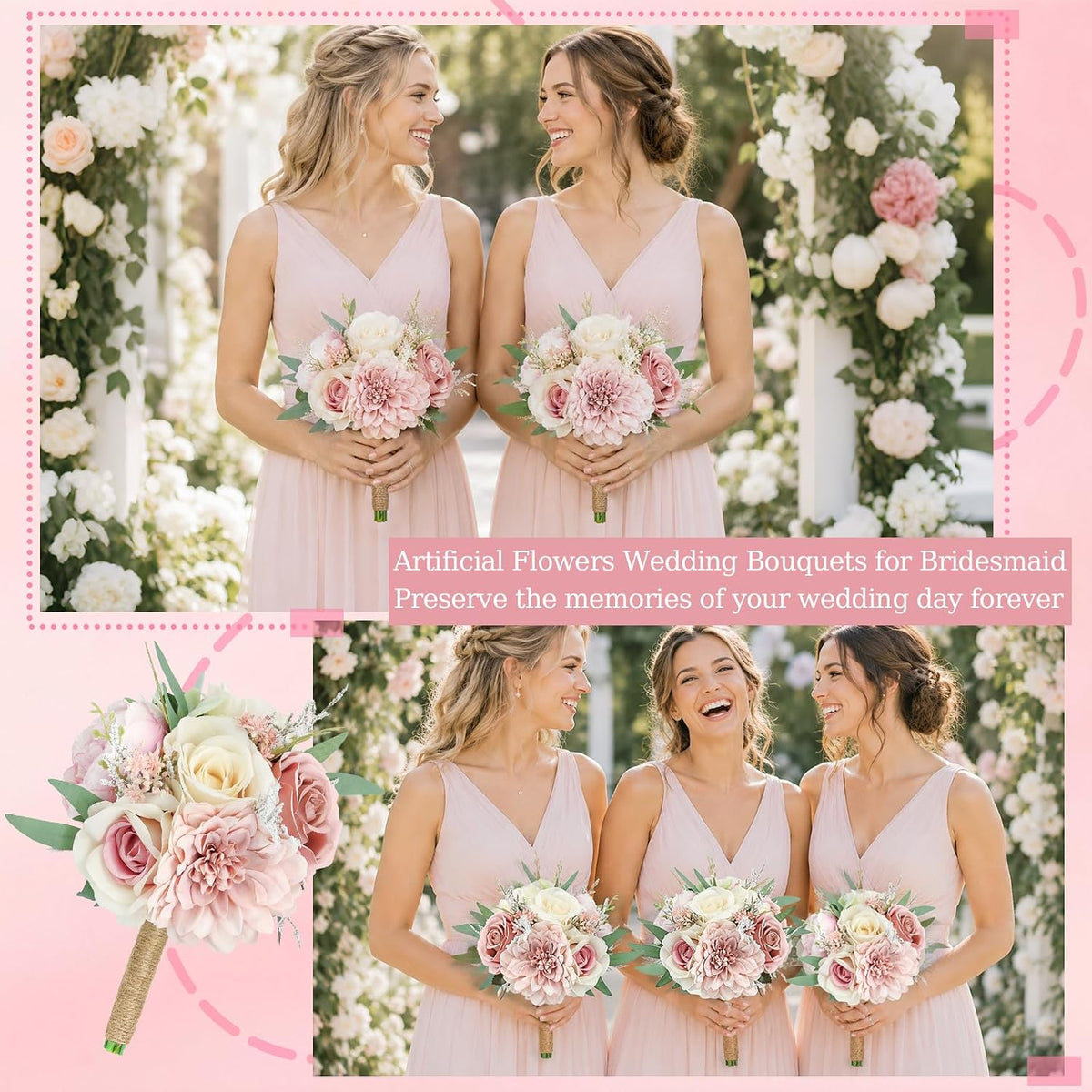 Artificial Bridesmaid Bouquets Set of 2 for Wedding - 7 inch Dusty Pink Wedding Bouquet for Bridesmaids Small Floral Bouquet Fake Boho Wedding Party Ceremony Anniversary Decor