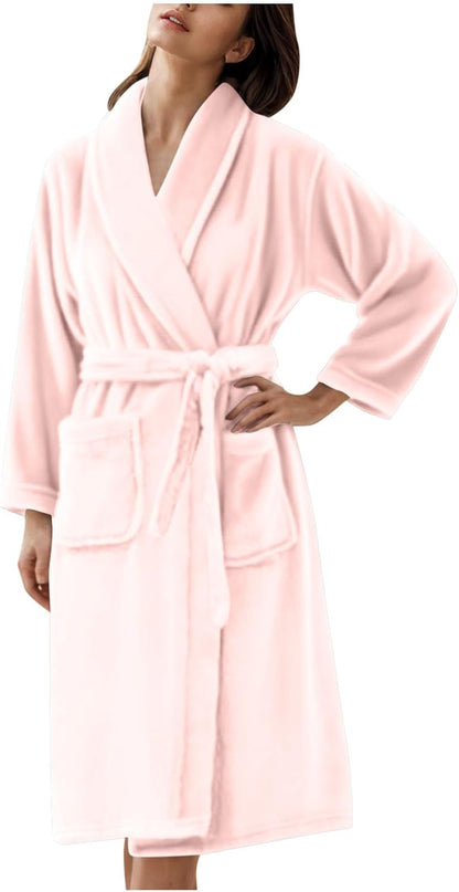 Kimono Flannel Bathrobe for Women Terry Cloth Robes Quick Dry Warm Soft Knee Length Towel Bathrobes with Blet