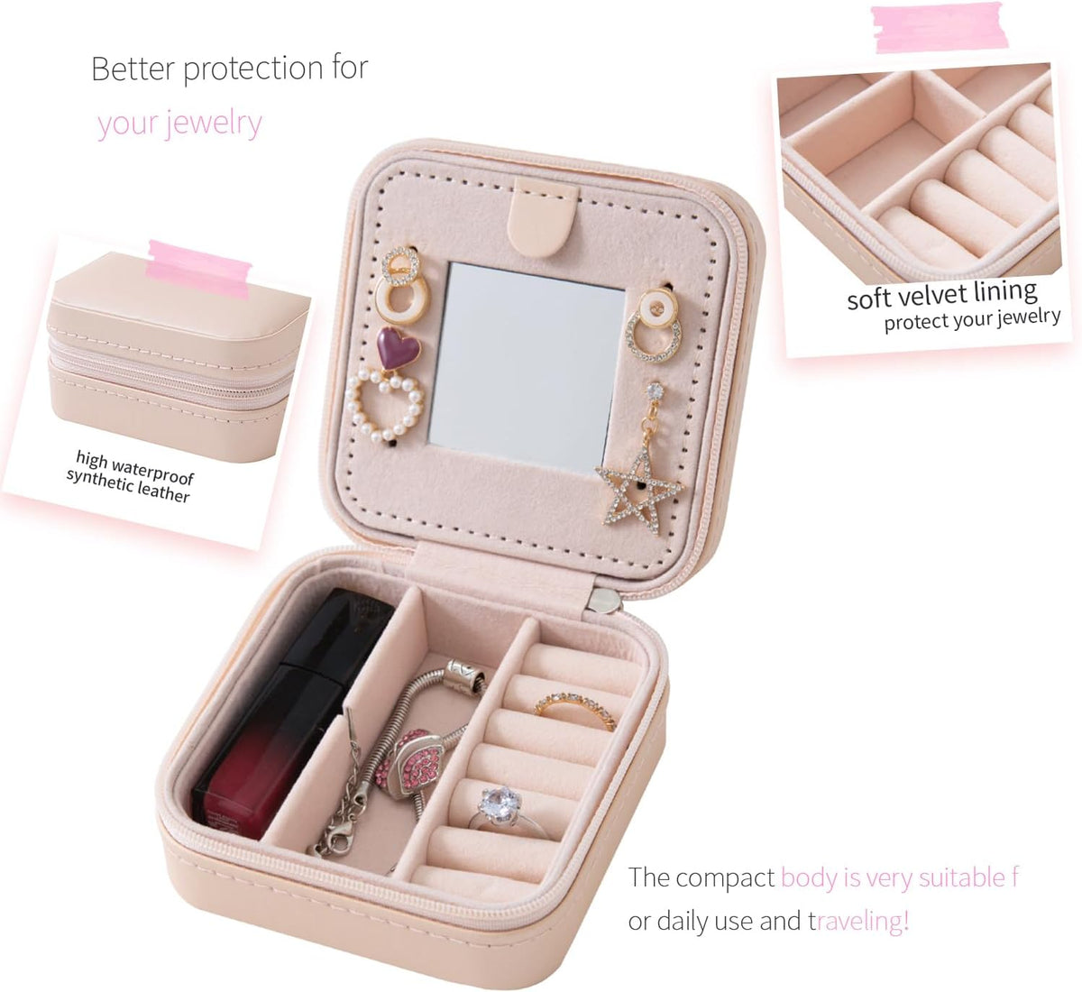 Travel jewelry case Travel jewelry box Travel Jewelry Organizer Small box Gift for Girls Women with Mirror(Pink)
