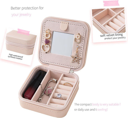 Travel jewelry case Travel jewelry box Travel Jewelry Organizer Small box Gift for Girls Women with Mirror(Pink)