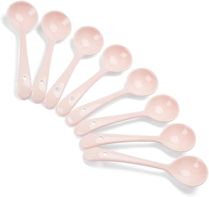 Ceramic Spoons Set of 8, Ceramic Chinese Soup Spoon, Asian Soup Spoons, Pink Japanese Spoon Large for Ramen Pho Wonton Dumpling Miso, Deep Oval Hook Design (8, Pink)