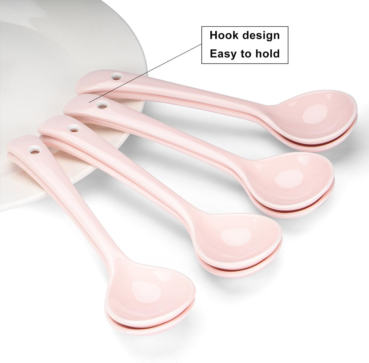 Ceramic Spoons Set of 8, Ceramic Chinese Soup Spoon, Asian Soup Spoons, Pink Japanese Spoon Large for Ramen Pho Wonton Dumpling Miso, Deep Oval Hook Design (8, Pink)