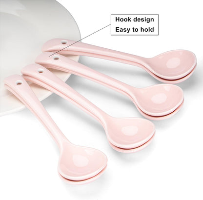 Ceramic Spoons Set of 8, Ceramic Chinese Soup Spoon, Asian Soup Spoons, Pink Japanese Spoon Large for Ramen Pho Wonton Dumpling Miso, Deep Oval Hook Design (8, Pink)
