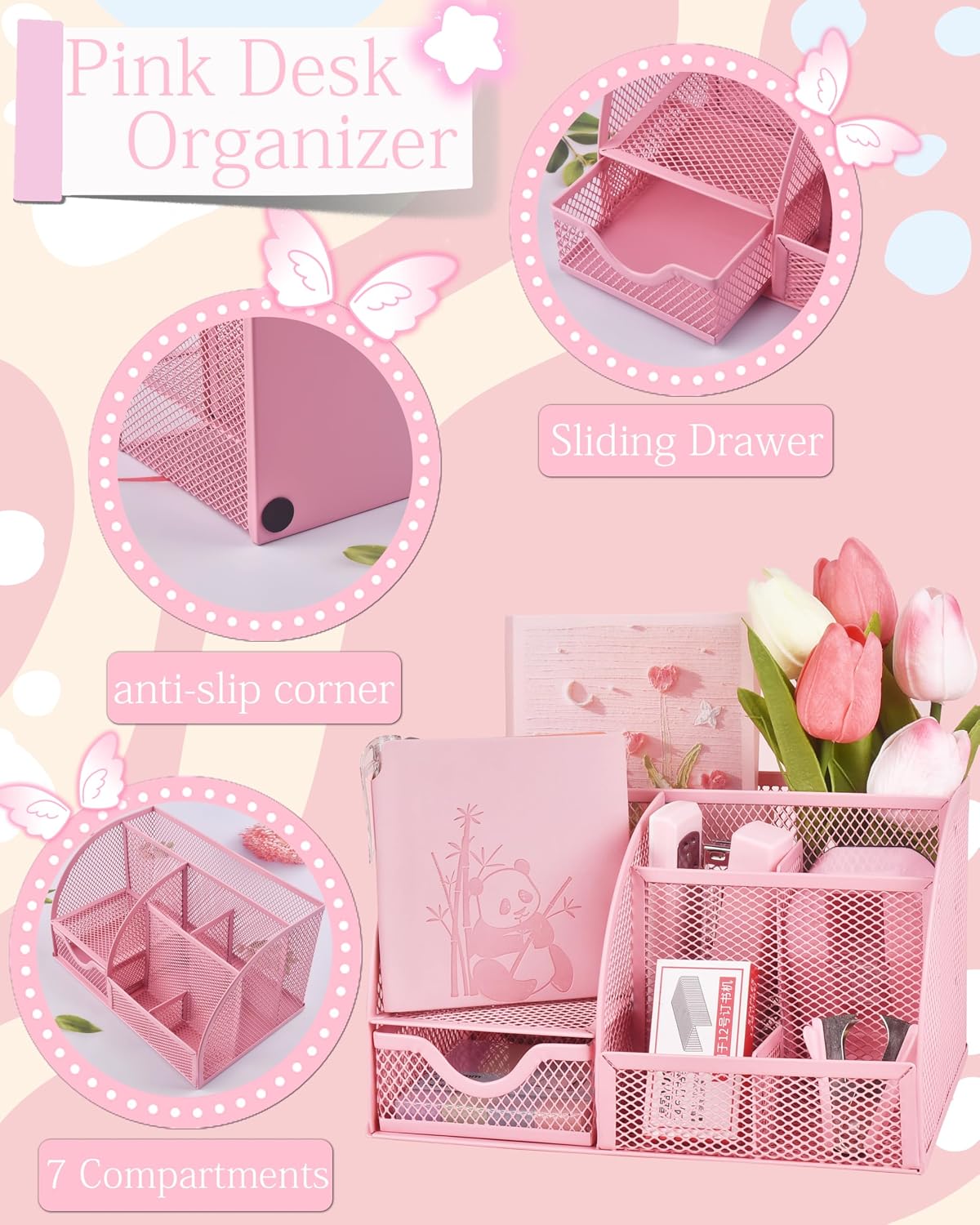 23pc Pink Desk Accessories and Organizers with Mesh Organizer Stapler Tape Dispenser Calculator and a Lot of Office Pink Office Supplies Beautifully Presented in a Gift Box