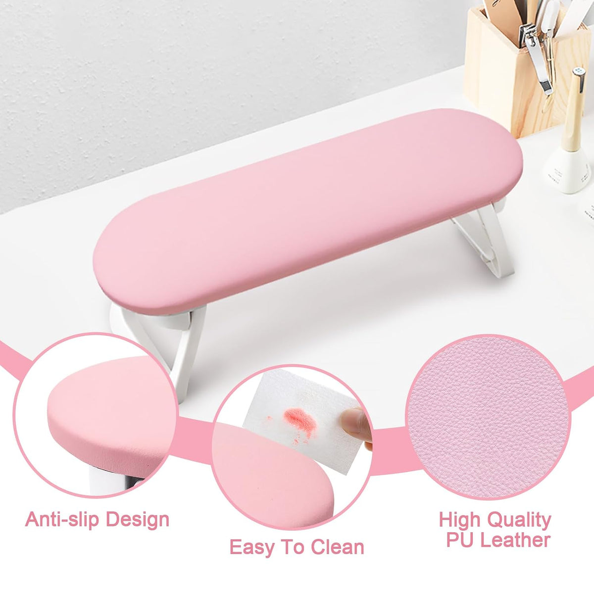 Subay Nail Arm Rest, Foldable PU Leather Manicure Hand Rest for Acrylic Nails Cushion Hand Holder, Nail Arm Rest Pillow Nail Art Tool for Nails Tech Manicure Pedicure Salon Home Use - Pink