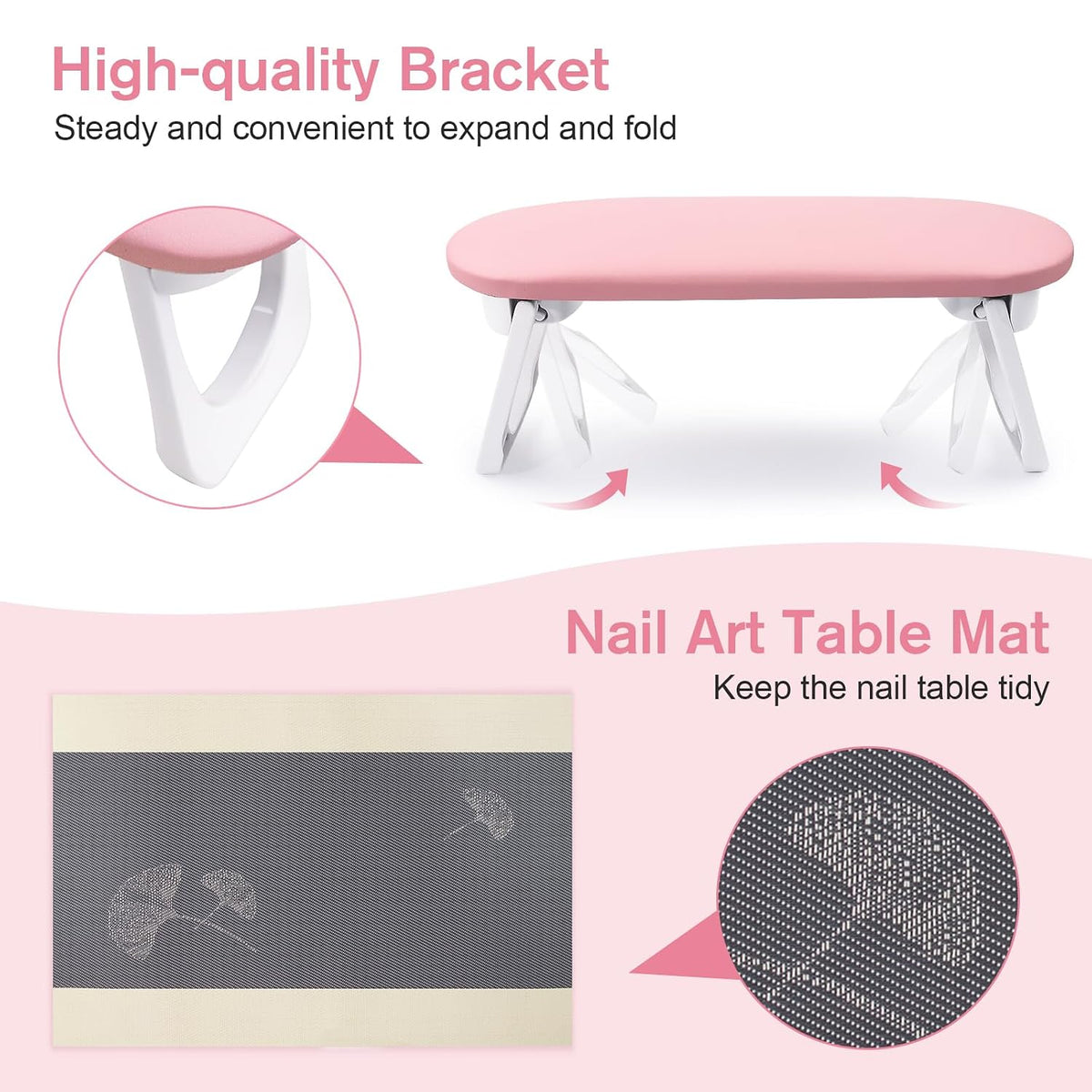 Subay Nail Arm Rest, Foldable PU Leather Manicure Hand Rest for Acrylic Nails Cushion Hand Holder, Nail Arm Rest Pillow Nail Art Tool for Nails Tech Manicure Pedicure Salon Home Use - Pink