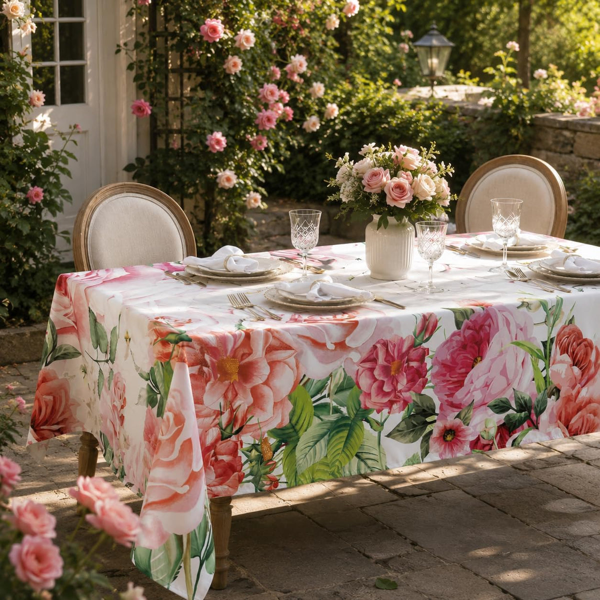 Pink Roses Rectangle Tablecloth 60x84 Inch, Waterproof Summer Floral Table Cover Rosette Table Cloth, Red Rose Rectangular Table Décor Washable Fabric for Party, Picnic, Camping, Kitchen, Dining Room