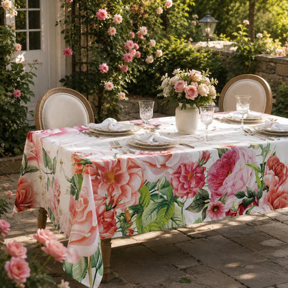 Pink Roses Rectangle Tablecloth 60x84 Inch, Waterproof Summer Floral Table Cover Rosette Table Cloth, Red Rose Rectangular Table Décor Washable Fabric for Party, Picnic, Camping, Kitchen, Dining Room
