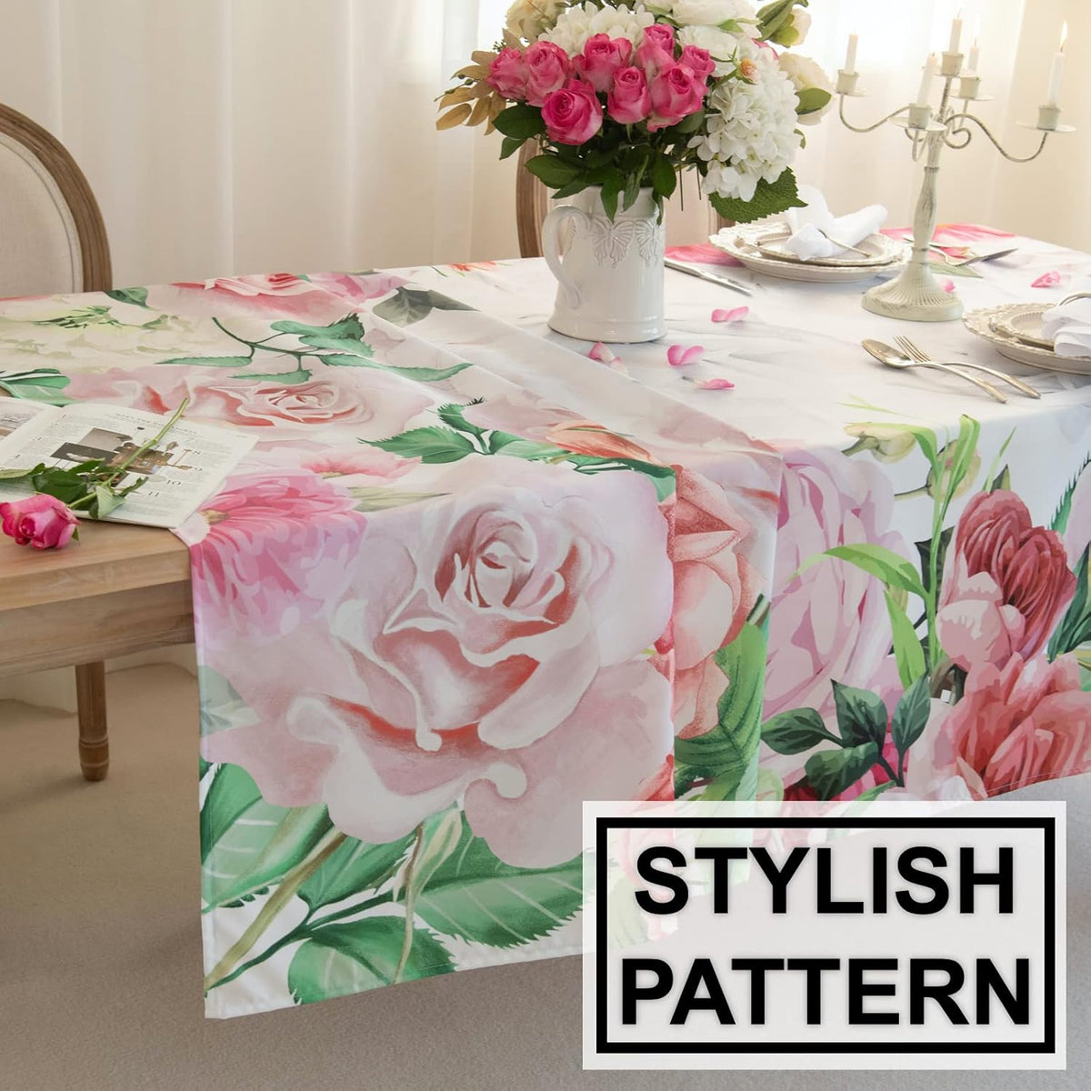 Pink Roses Rectangle Tablecloth 60x84 Inch, Waterproof Summer Floral Table Cover Rosette Table Cloth, Red Rose Rectangular Table Décor Washable Fabric for Party, Picnic, Camping, Kitchen, Dining Room